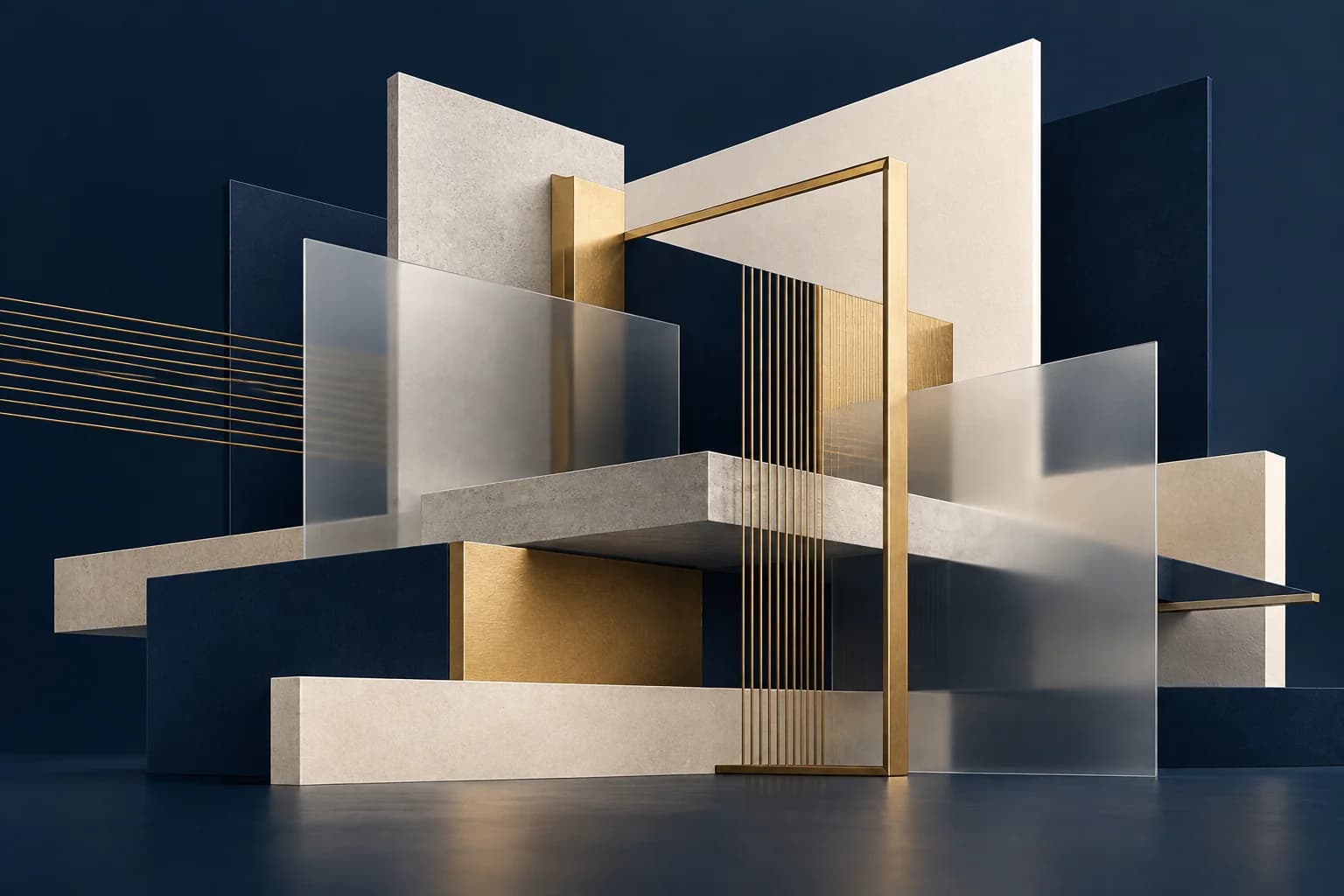 Composición abstracta de planos arquitectónicos en azul, marfil y dorado