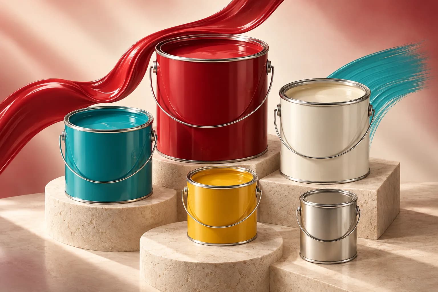 Cubetas de pintura roja, turquesa, amarilla y blanca presentadas como una campaña de LAT