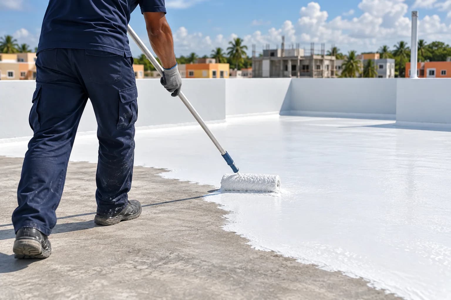 Técnico aplicando impermeabilizante blanco con rodillo sobre una cubierta