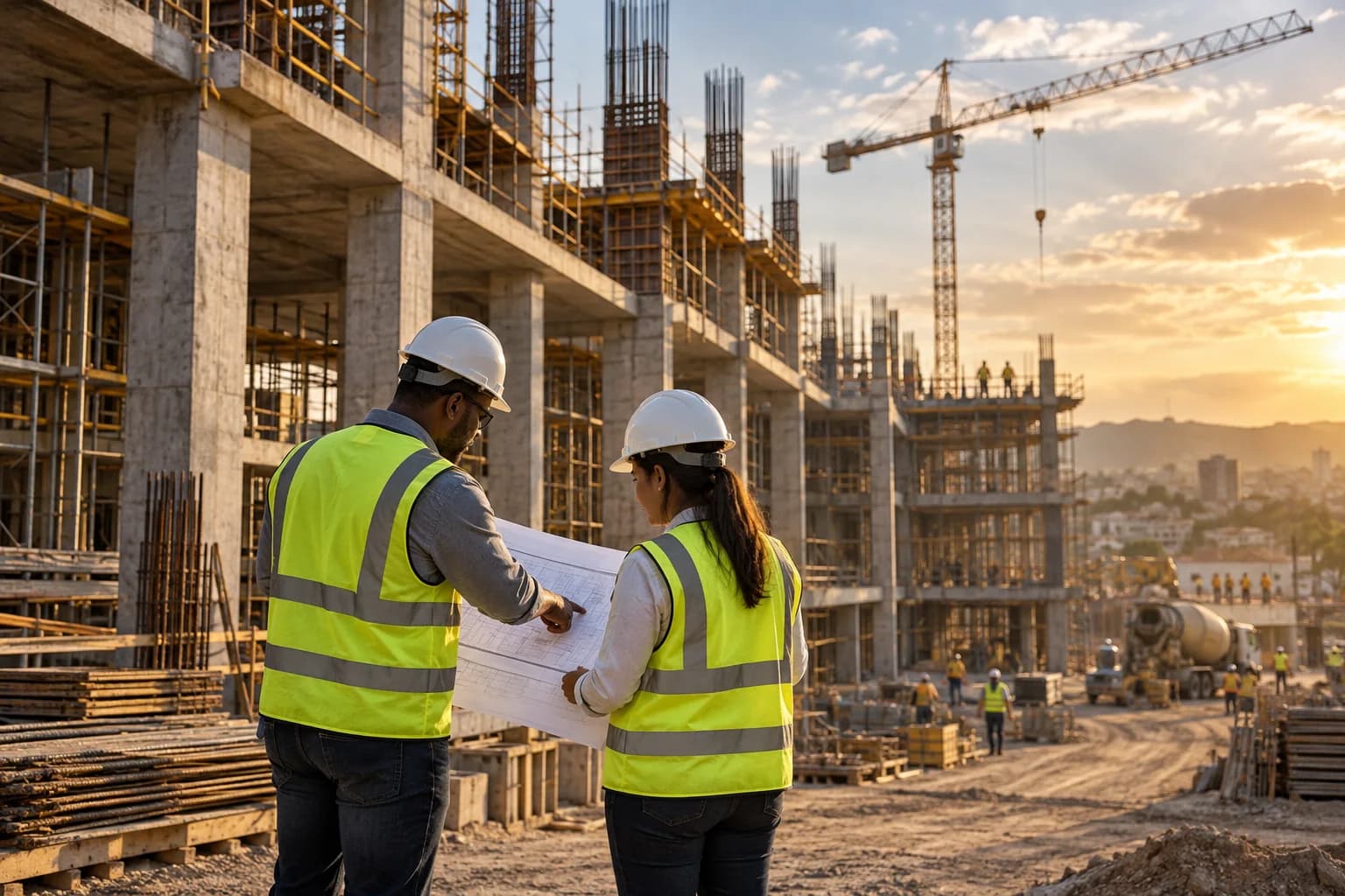 Profesionales revisando planos en una obra de construcción