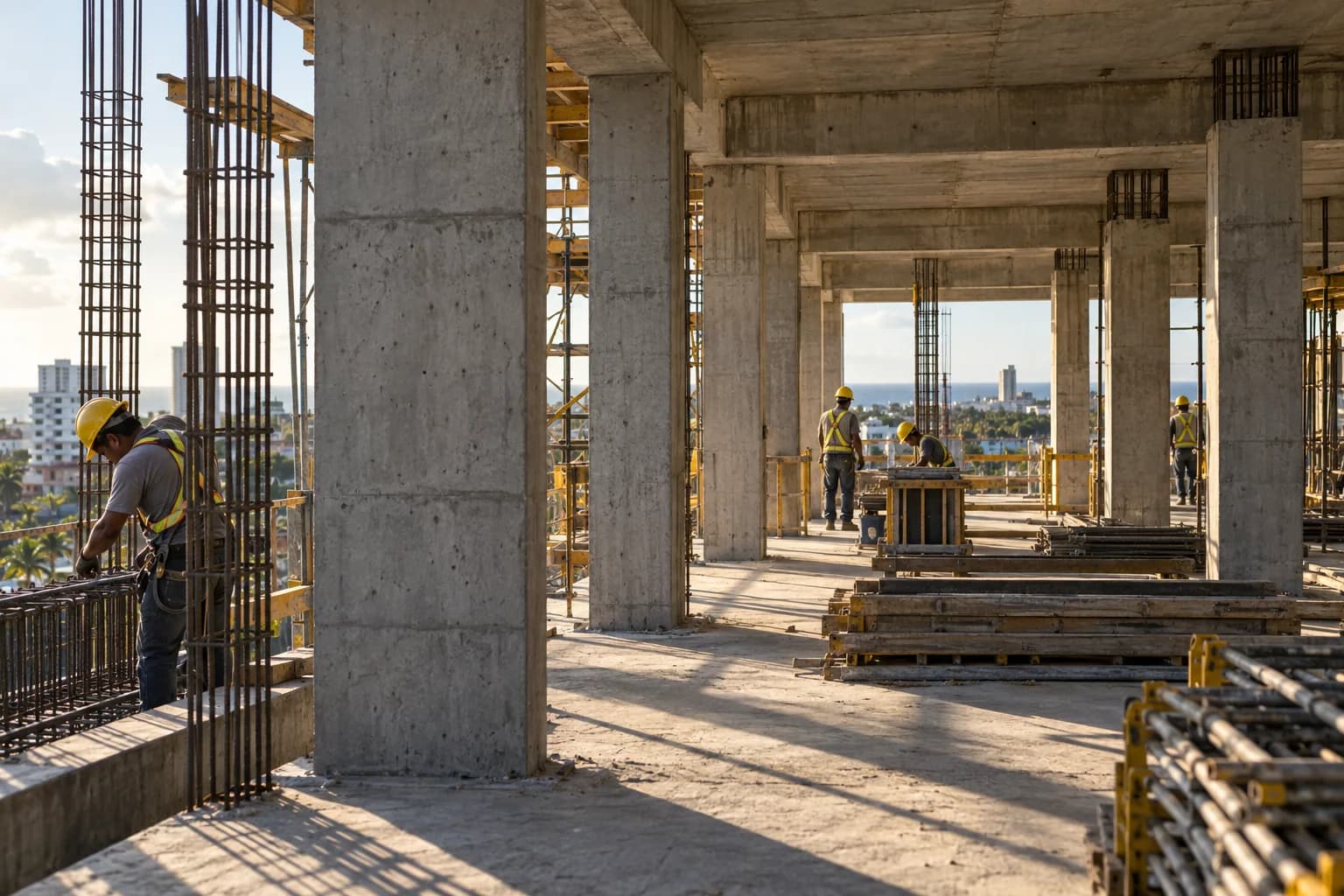 Estructura de concreto y equipo trabajando en una obra